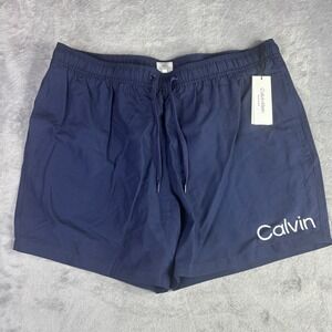 Calvin Klein Swim Trunks‎ Men XXL Navy Blue Logo Graphic UPF 40+ CB3DP009 NWT